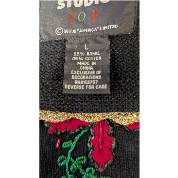 Vintage Studio Joy black beaded holiday christmas Poinsetta sweater size large - Picture 8 of 8